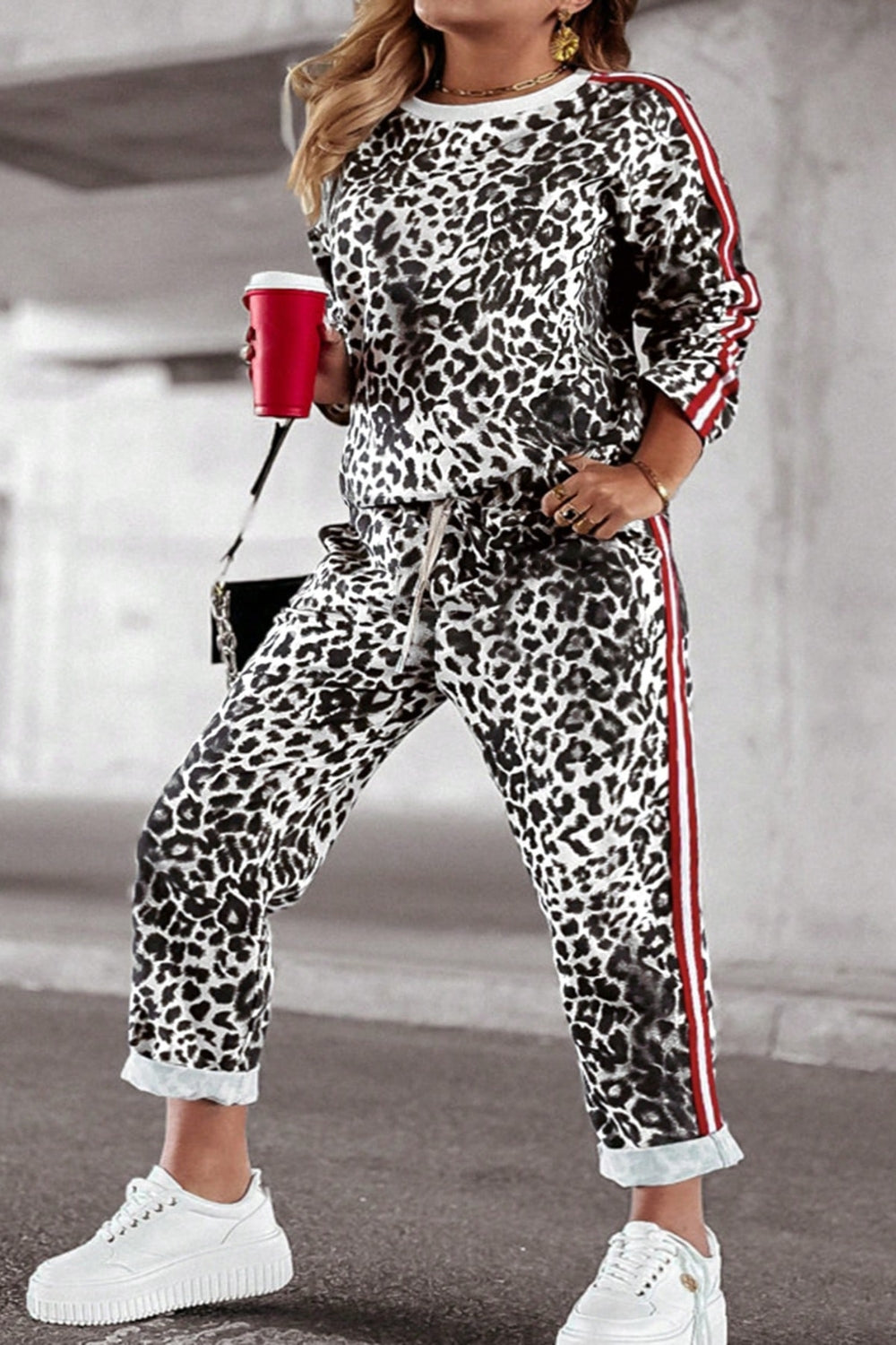 Plus Size Leopard Round Neck Top and Pants Set Warehouse Item