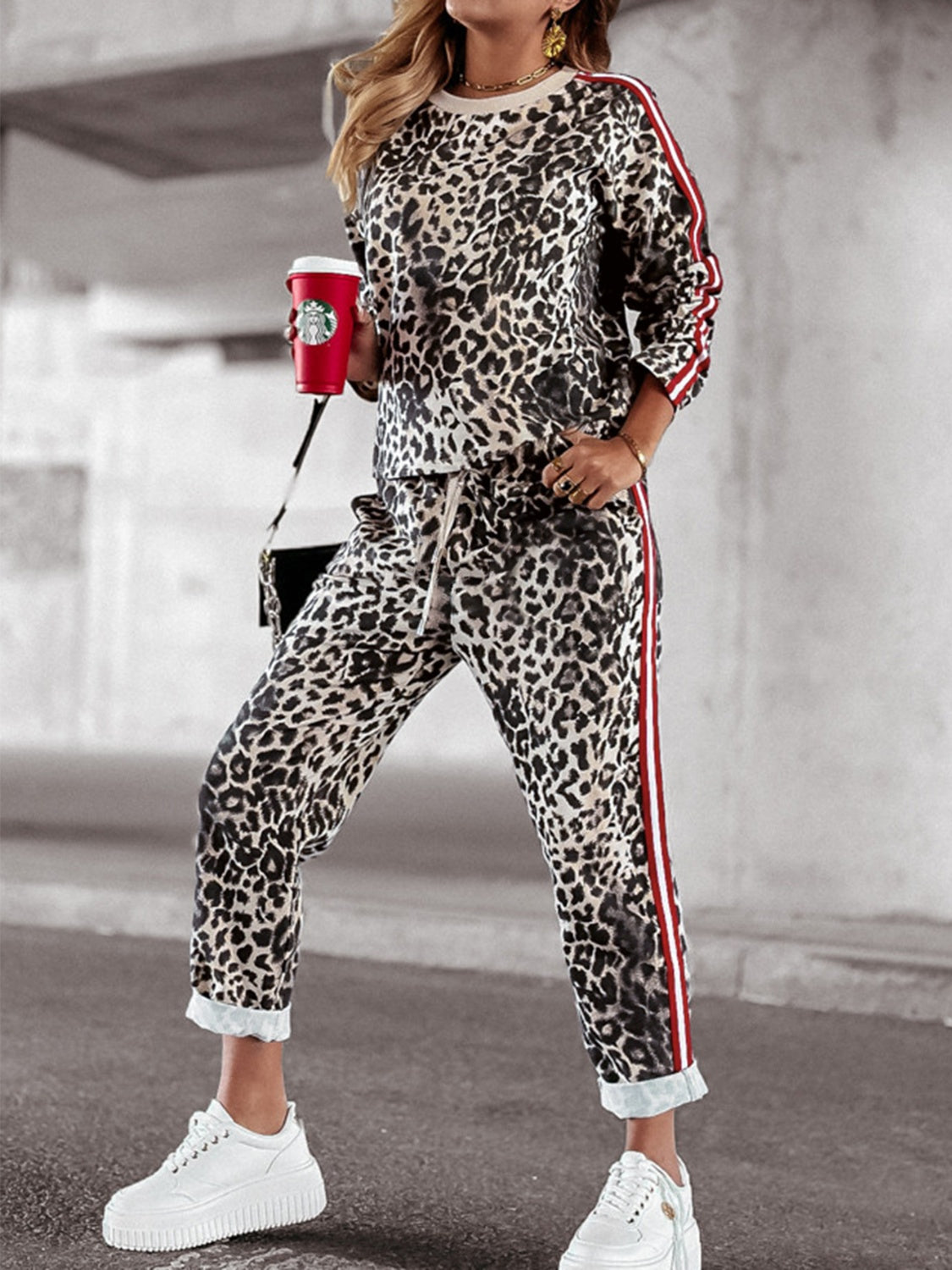 Leopard Round Neck Long Sleeve Top and Pants Set Warehouse Item