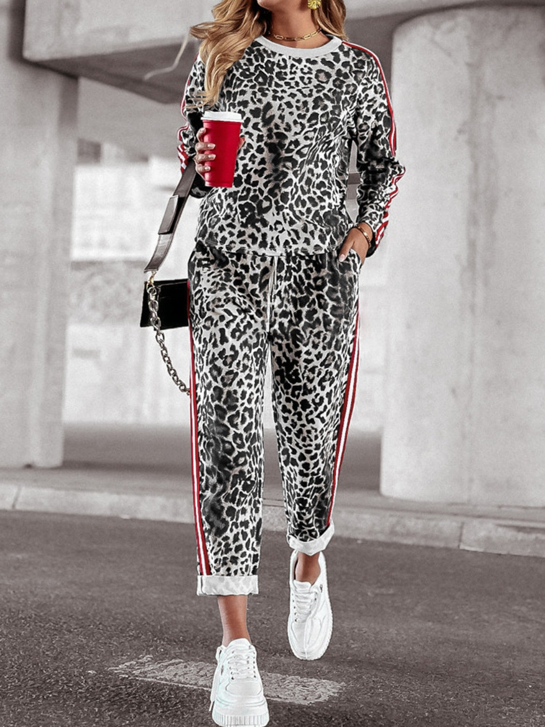 Leopard Round Neck Long Sleeve Top and Pants Set Warehouse Item