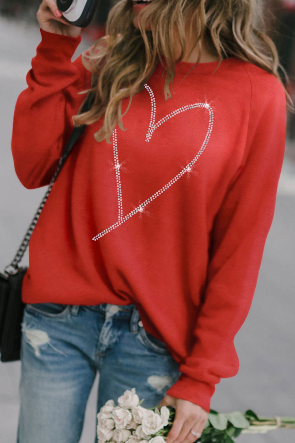 Valentine's Day Rhinestone Heart Long Sleeve Sweatshirt Warehouse Item