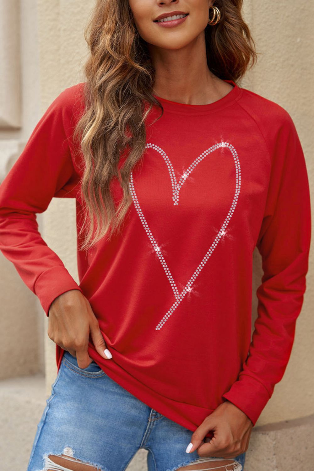 Valentine's Day Rhinestone Heart Long Sleeve Sweatshirt Warehouse Item