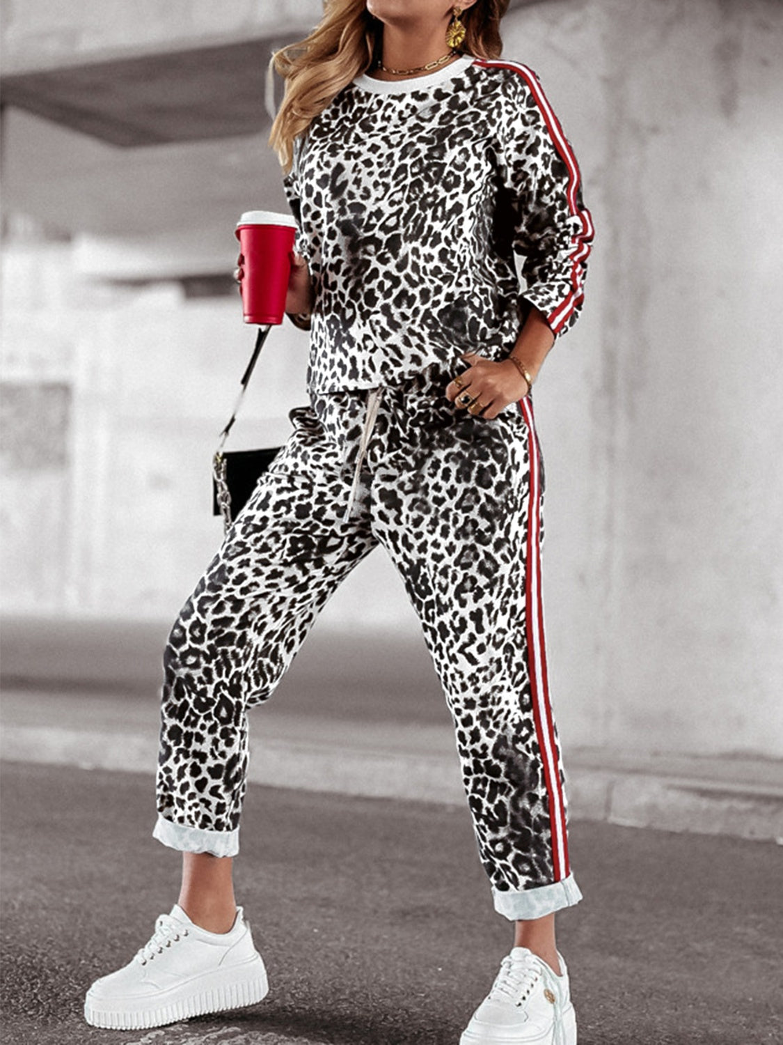 Leopard Round Neck Long Sleeve Top and Pants Set Warehouse Item