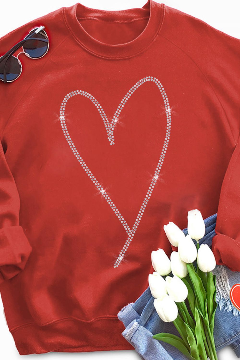 Valentine's Day Rhinestone Heart Long Sleeve Sweatshirt Warehouse Item