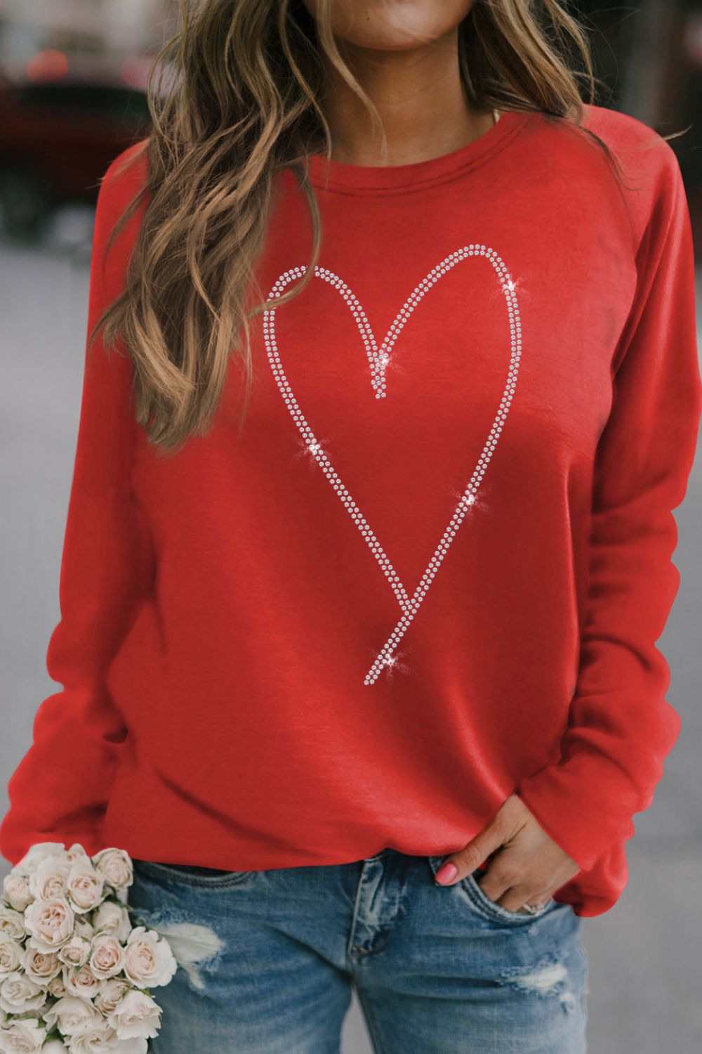 Valentine's Day Rhinestone Heart Long Sleeve Sweatshirt Warehouse Item