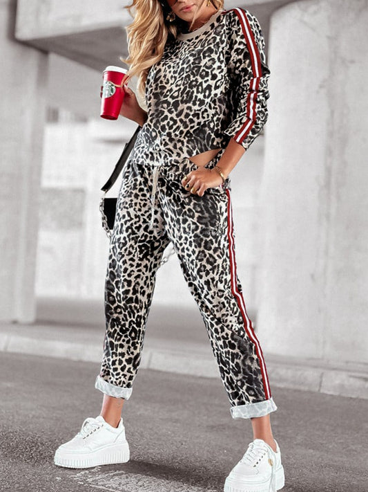 Leopard Round Neck Long Sleeve Top and Pants Set Warehouse Item