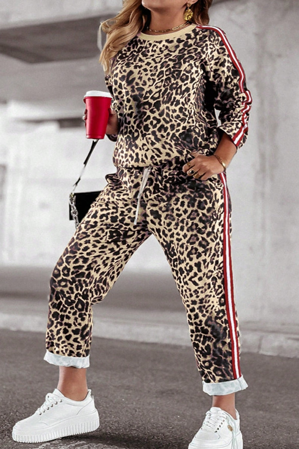 Plus Size Leopard Round Neck Top and Pants Set Warehouse Item