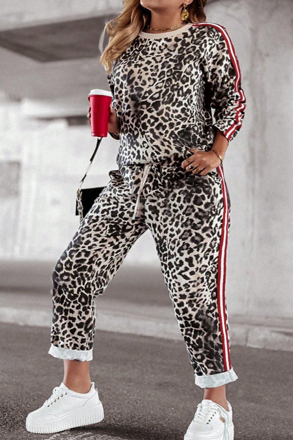 Plus Size Leopard Round Neck Top and Pants Set Warehouse Item